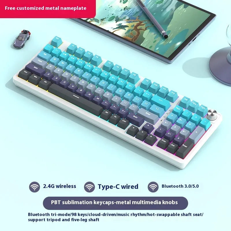 98 key wireless Bluetooth mechanical keyboard kit with metal knob and multiple colour options