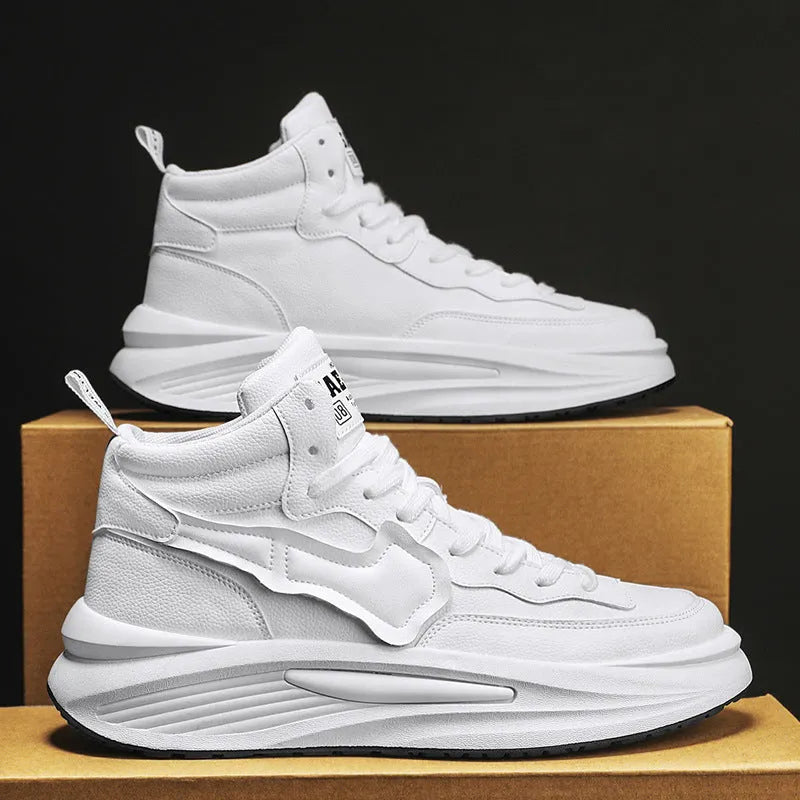 Men's black and white high-top platform casual shoes with a round toe and PU upper.