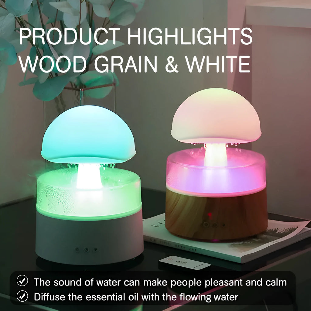 White cloud-shaped ultrasonic humidifier and aroma diffuser with simulated rain drops and coloured light.