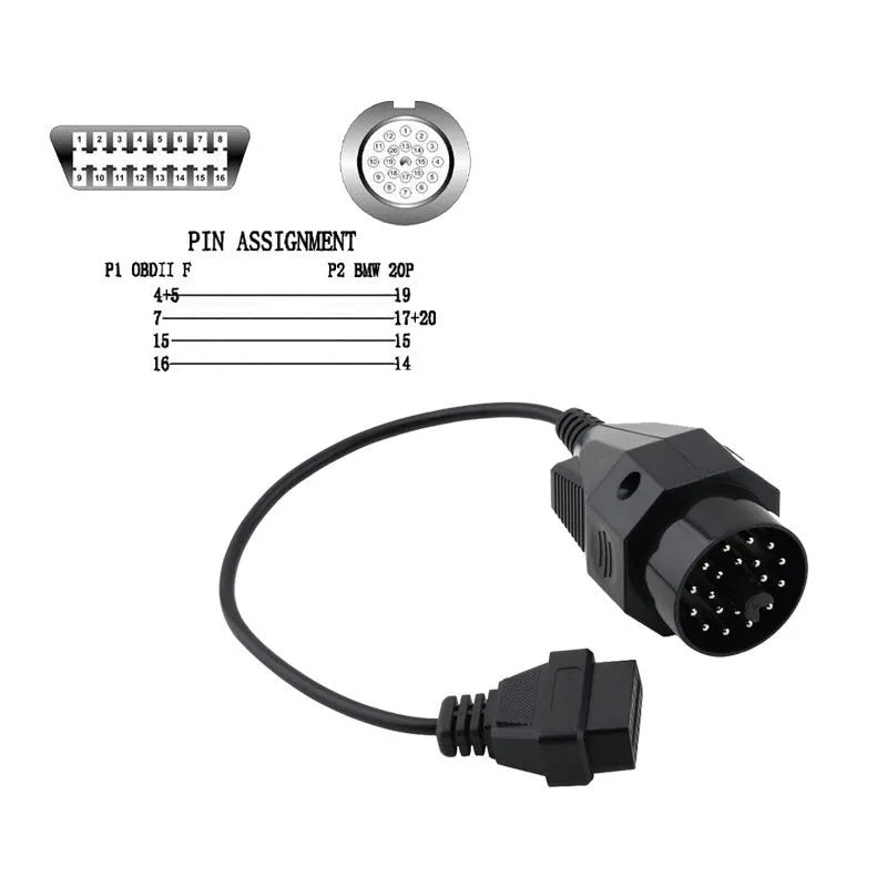 BMW OBD2 diagnostic connector cable showing 20-pin and 16-pin ends for vehicle scanner connection