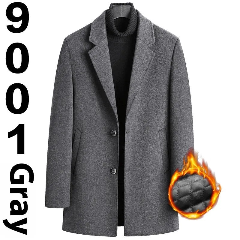 Single-breasted woolen coat for men in gray with straight hem and thickening construction