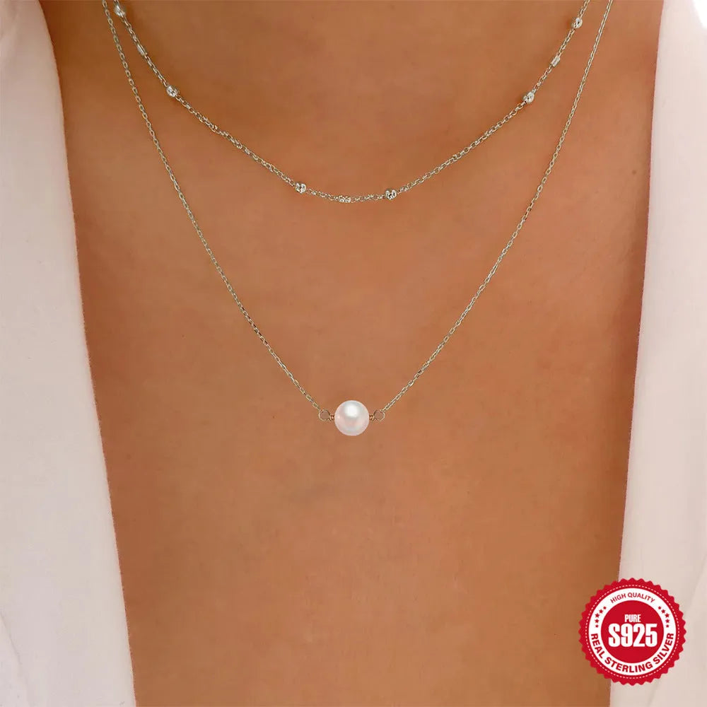 S925 sterling silver double layer necklace with twin pearl elements on ball bead chain