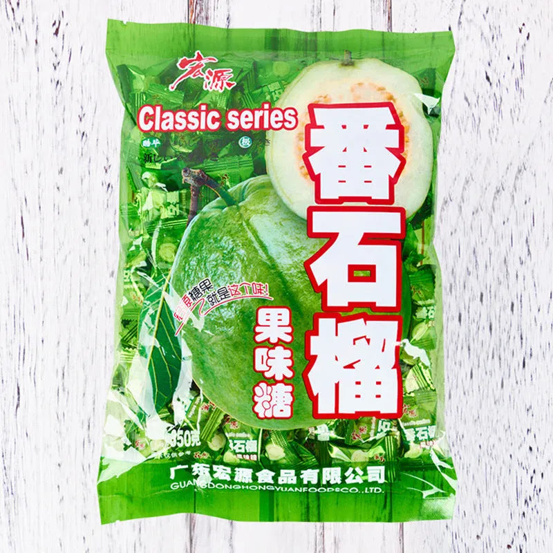Bag containing three packs of hard candy: tangerine peel, plum sugar, and guava flavours.