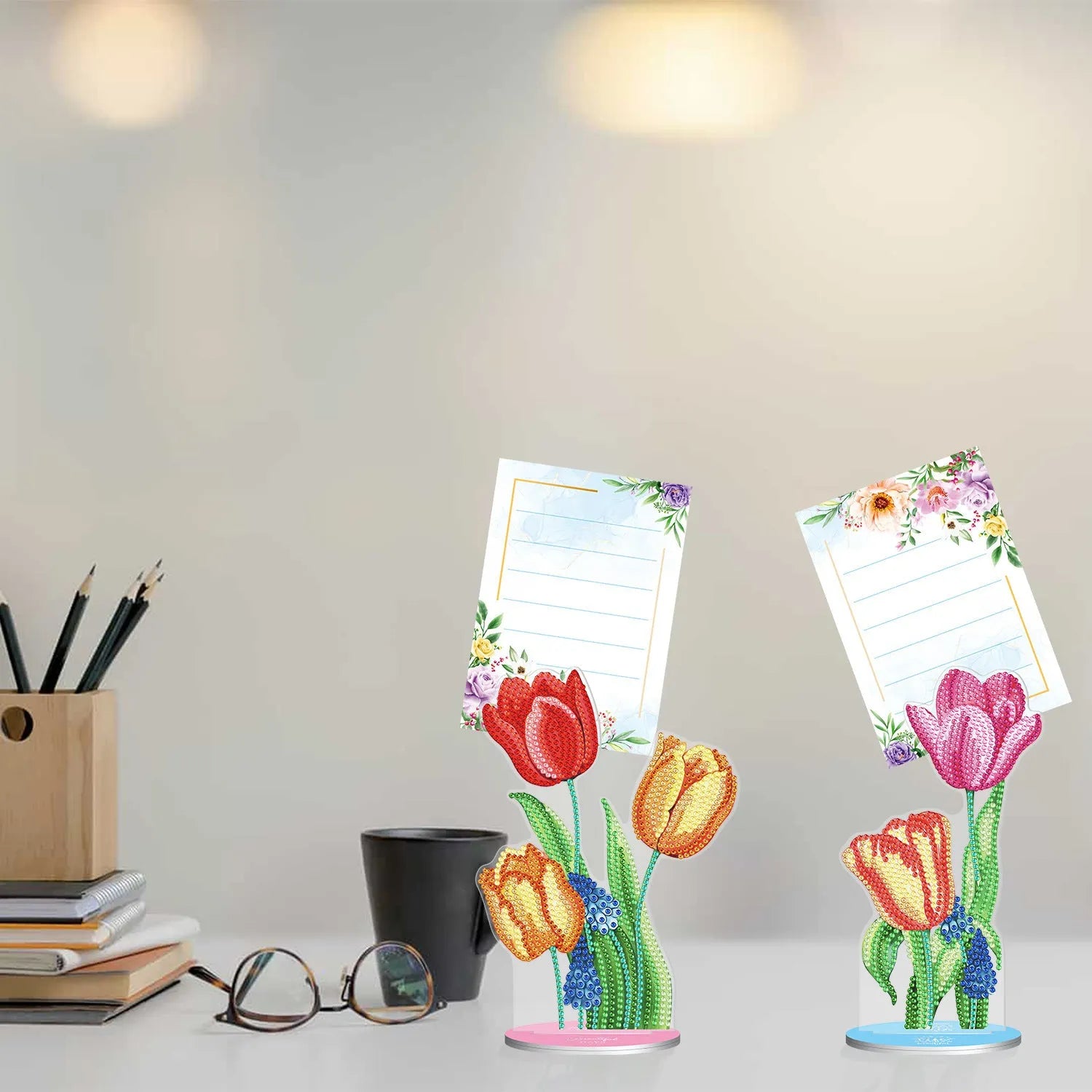 American style diamond painting decorative note clip with frameless handmade construction on desktop