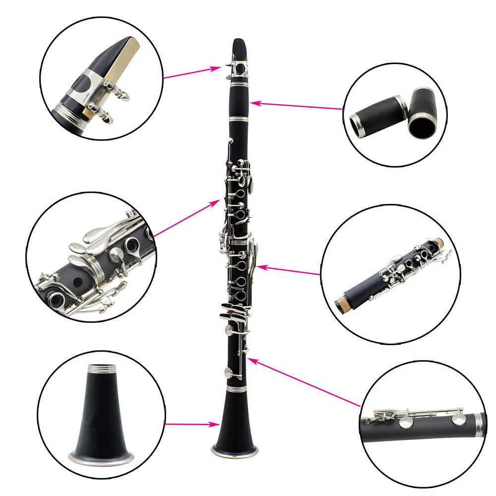 Black Bakelite clarinet with 17 nickel-plated keys and carrying bag for beginners