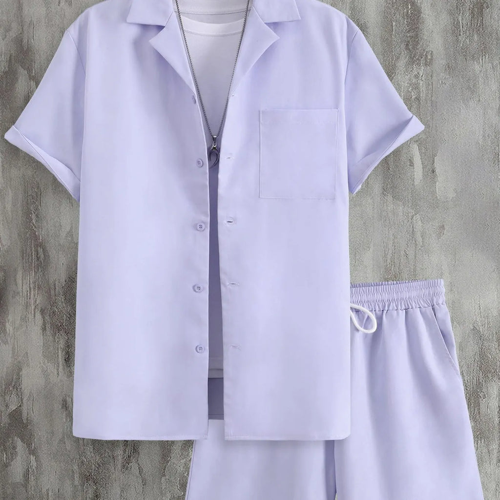 Men's white short sleeve Cuban collar sport shirt and matching shorts set on a hanger