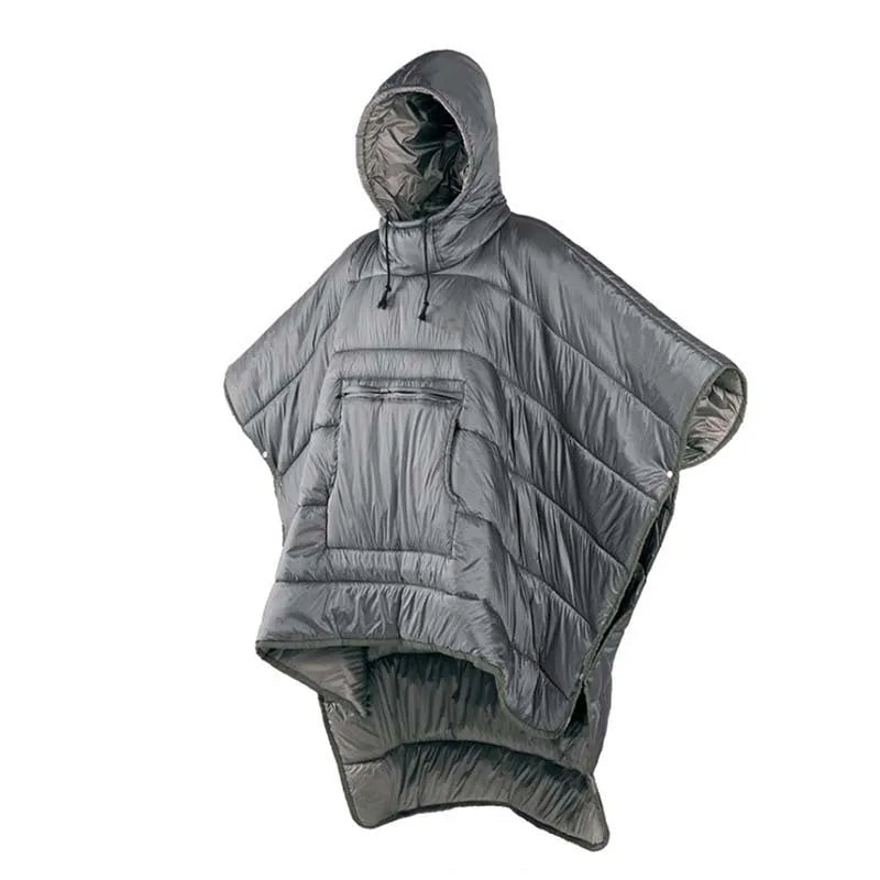 Adult outdoor cloak sleeping bag in Army Green or Gray, shown as wearable cape and laid flat as 200x140cm blanket