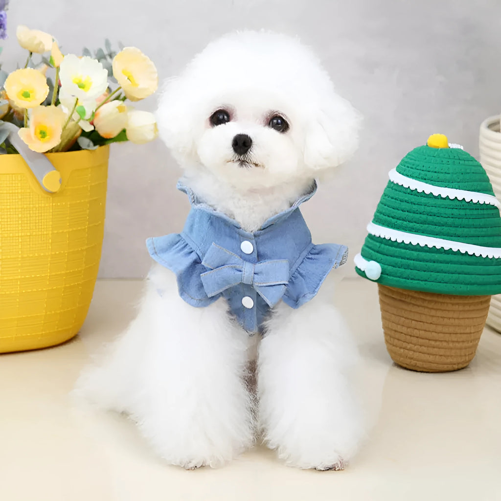 Blue denim dog dress with ruffles and a chest harness leash hook on a mannequin.