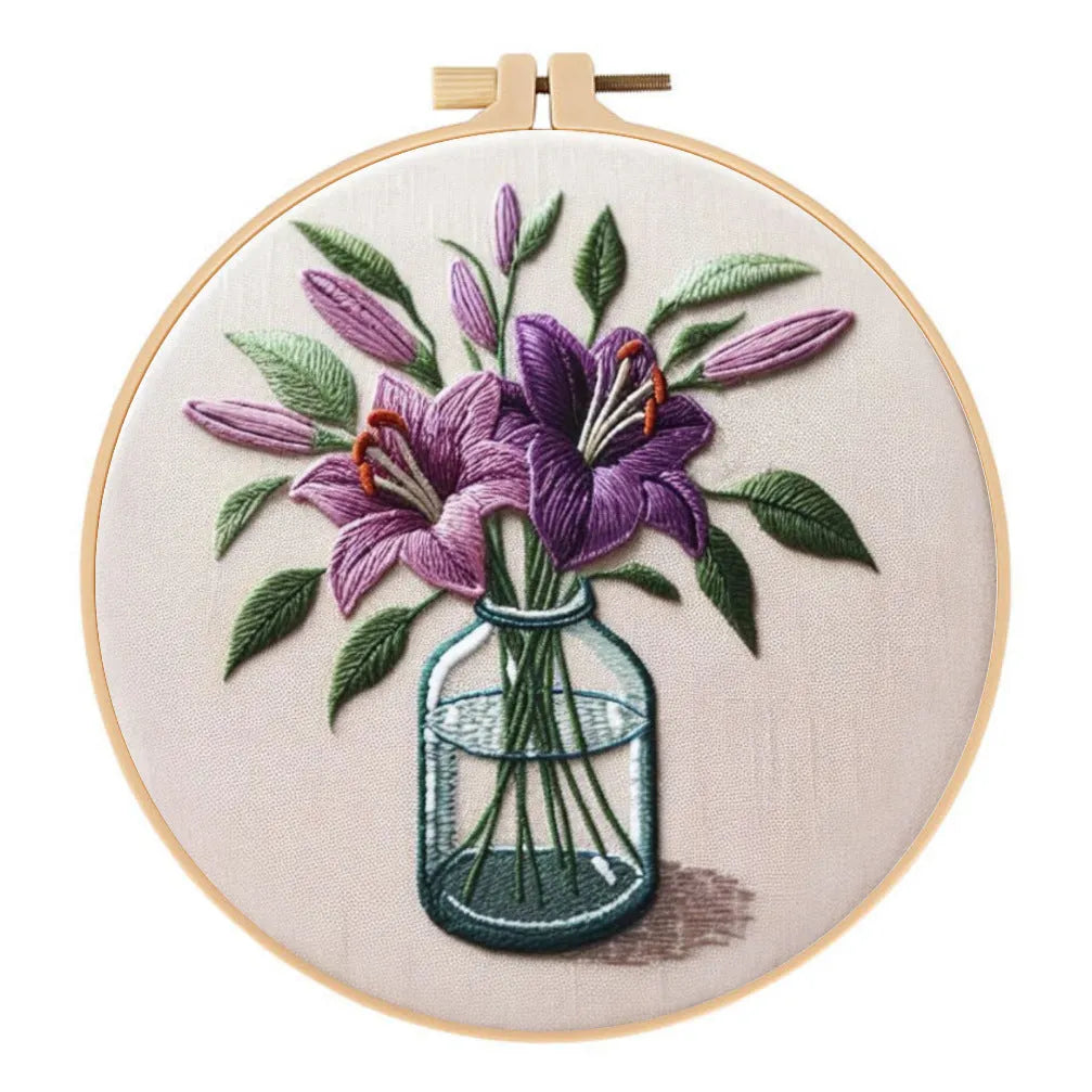 Purple lily flower embroidery kit on 28x28cm cotton linen cloth with 20cm imitation bamboo frame stand
