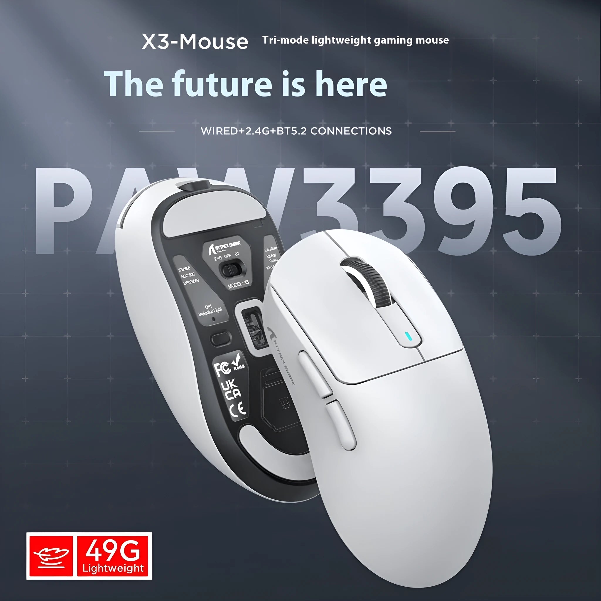 Black rechargeable optical mouse with three-mode connectivity: Bluetooth, wireless USB, and wired.