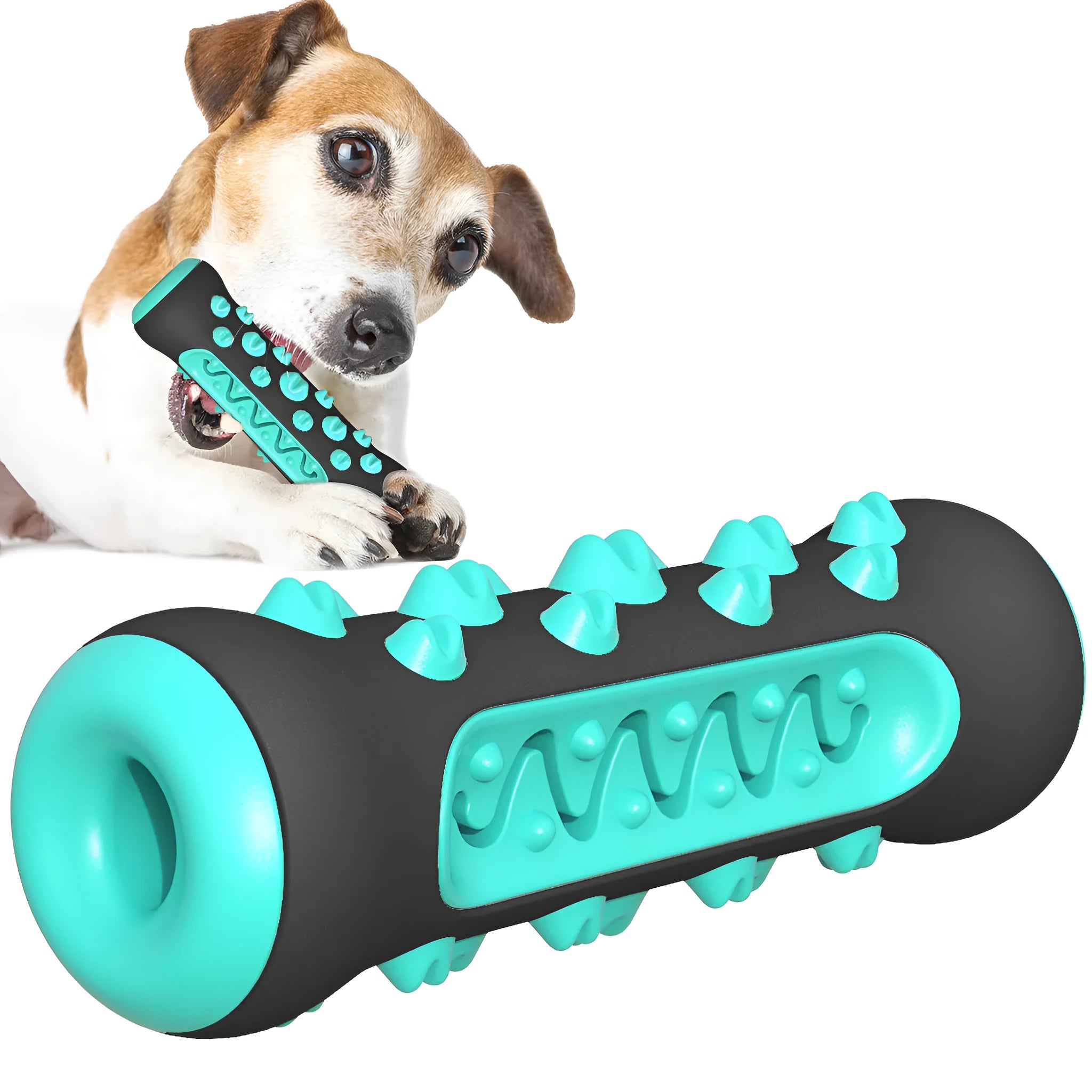 Natural rubber dog toothbrush chew toy in blue, showing textured surfaces and measuring 15 cm long.