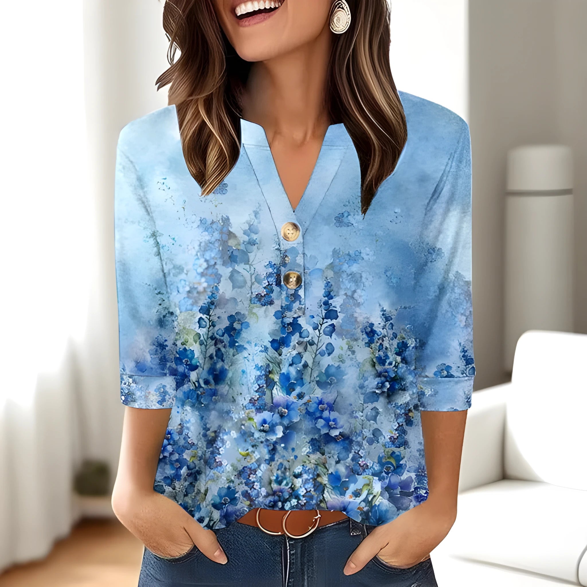 Women's loose fit V-neck top with 3D printed pattern in a casual style.