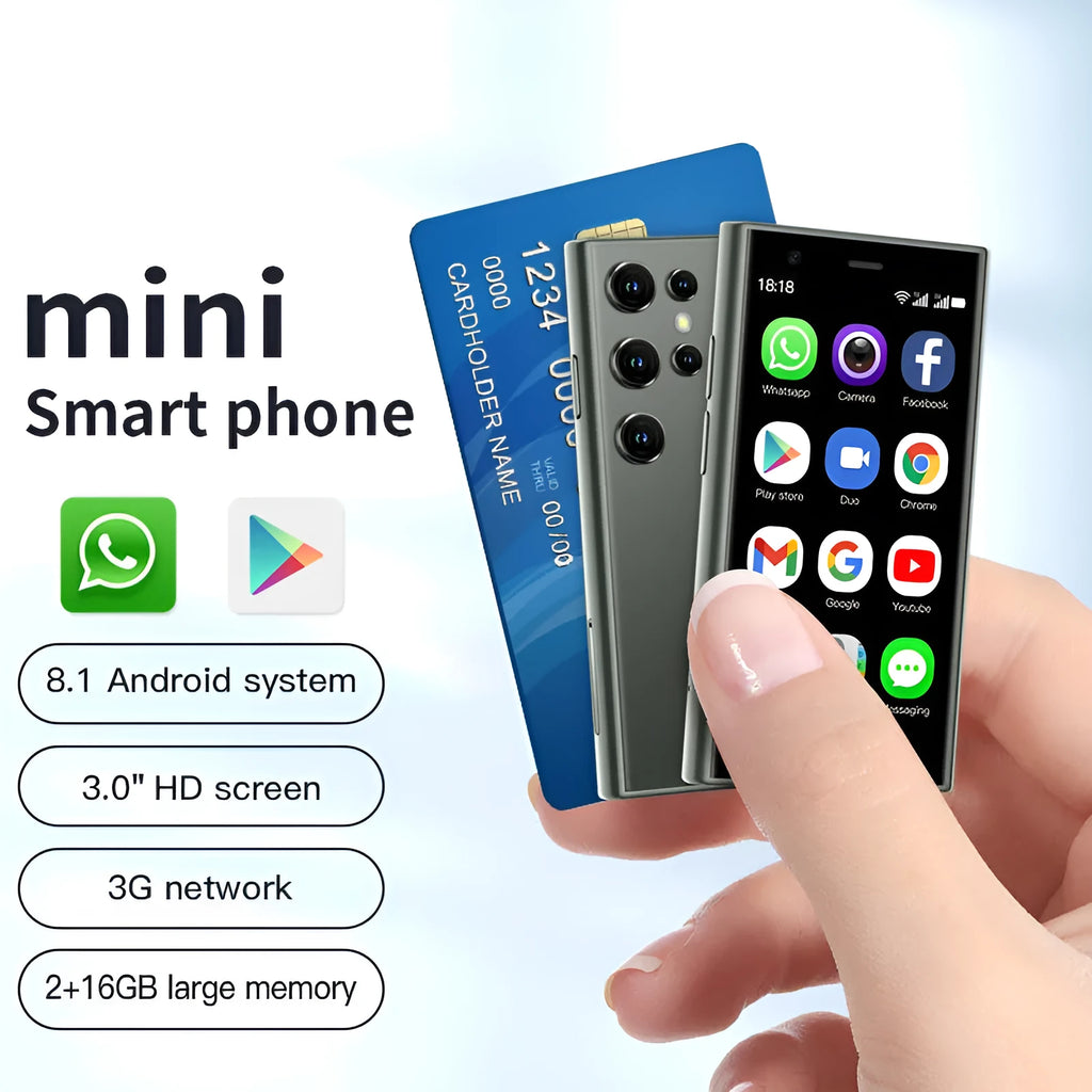 Mini Android smartphone with 30 screen in black, green, or pink purple colours