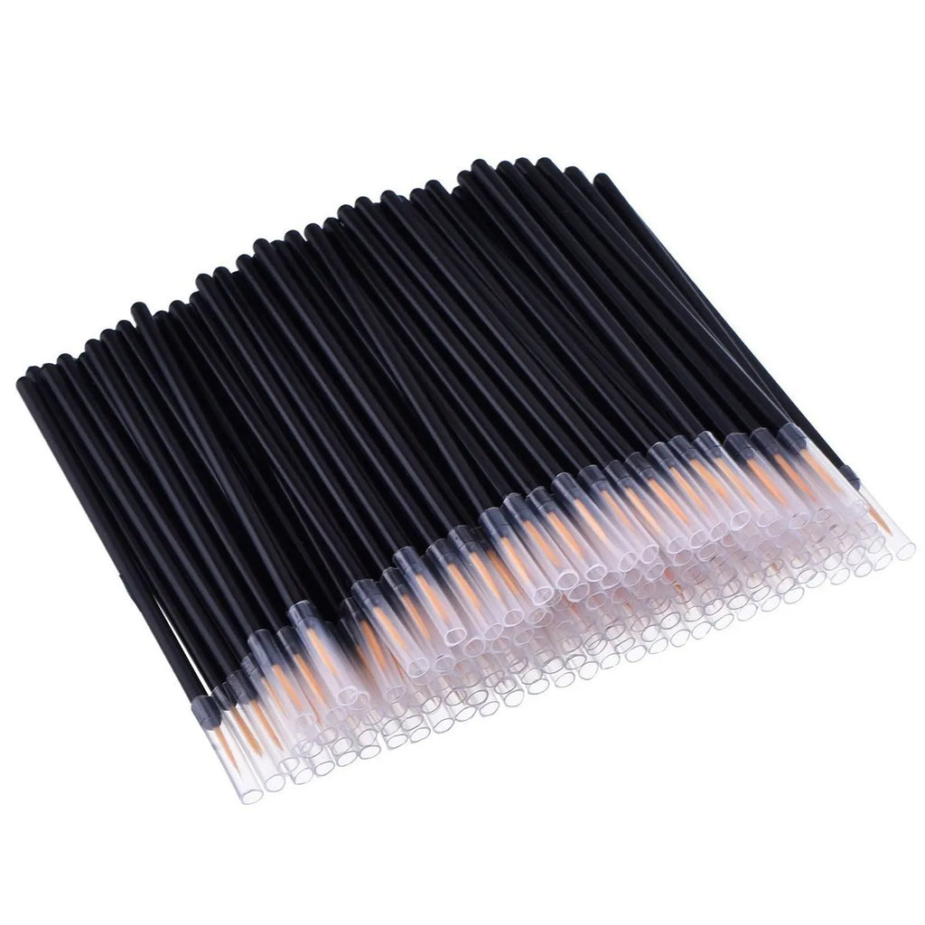One hundred black disposable eyeliner brushes with fine tips, shown with protective plastic sleeves.