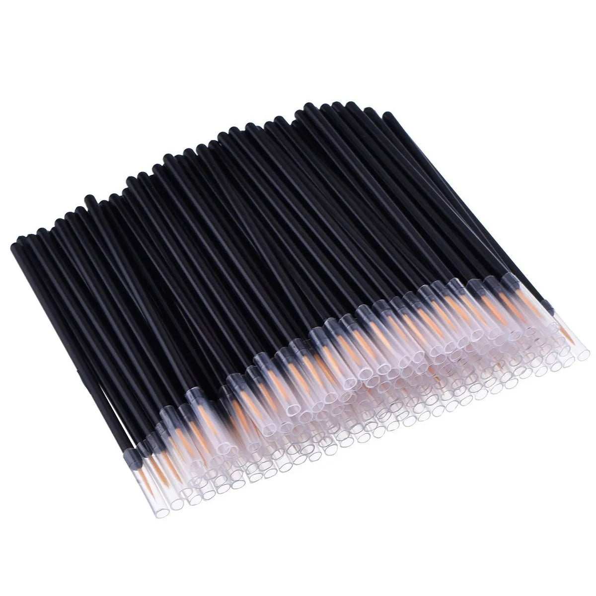 One hundred black disposable eyeliner brushes with fine tips, shown with protective plastic sleeves.