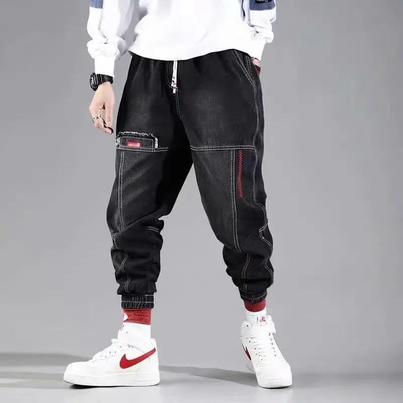 Plus size men's wide leg harem casual pants in black cotton denim with tie closure