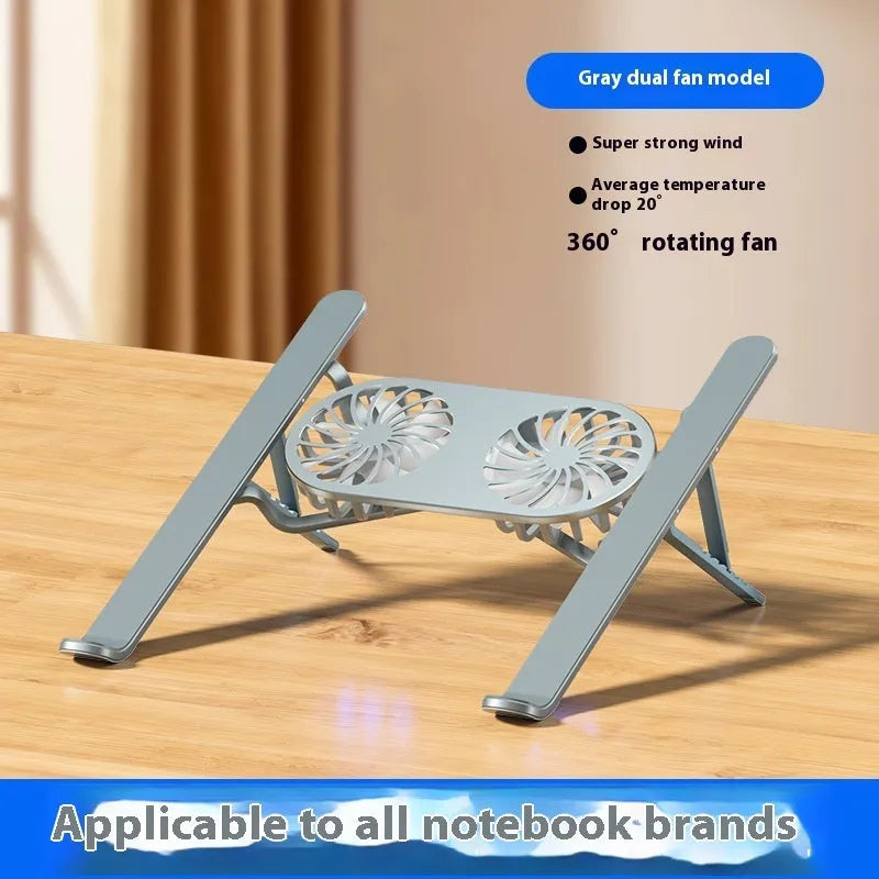 Silver aluminium alloy laptop cooling stand with twin fans in folded position