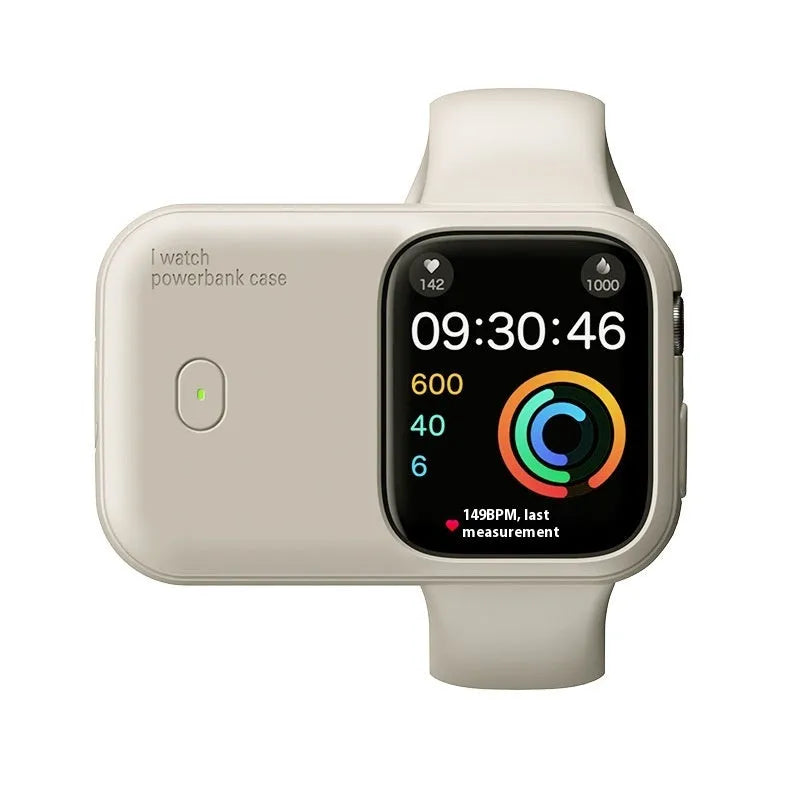 Apple Watch portable wireless charging case power bank in brown, midnight blue, and starlight colours