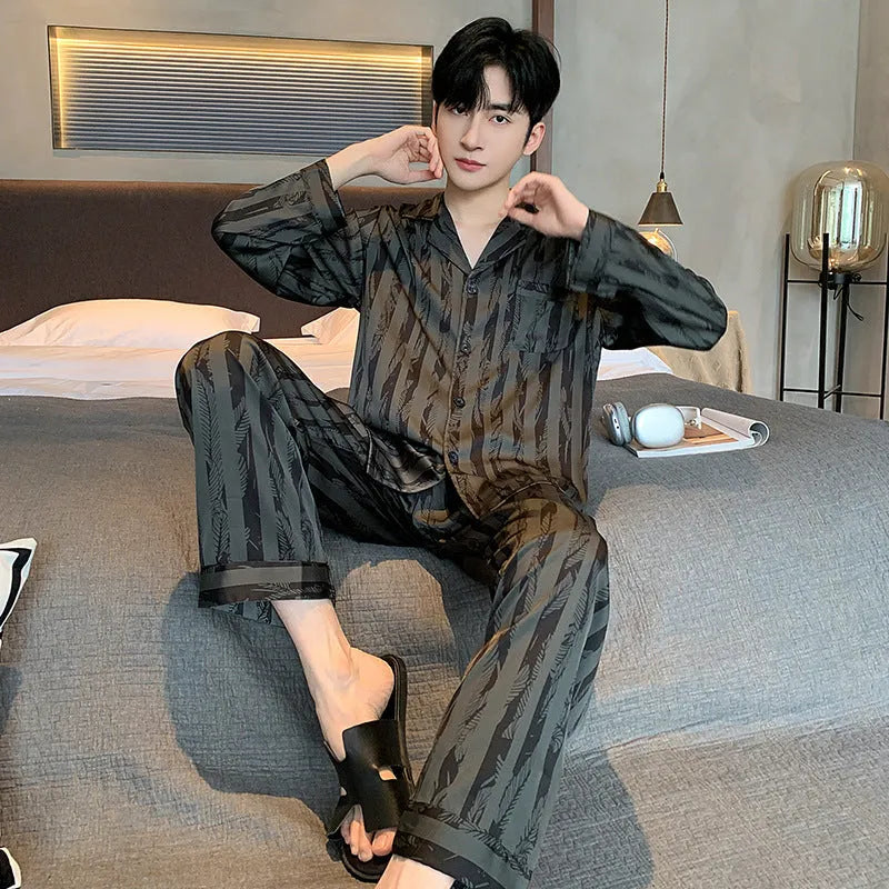 Men's black stripes ice silk pyjama set with V-neck top and long trousers
