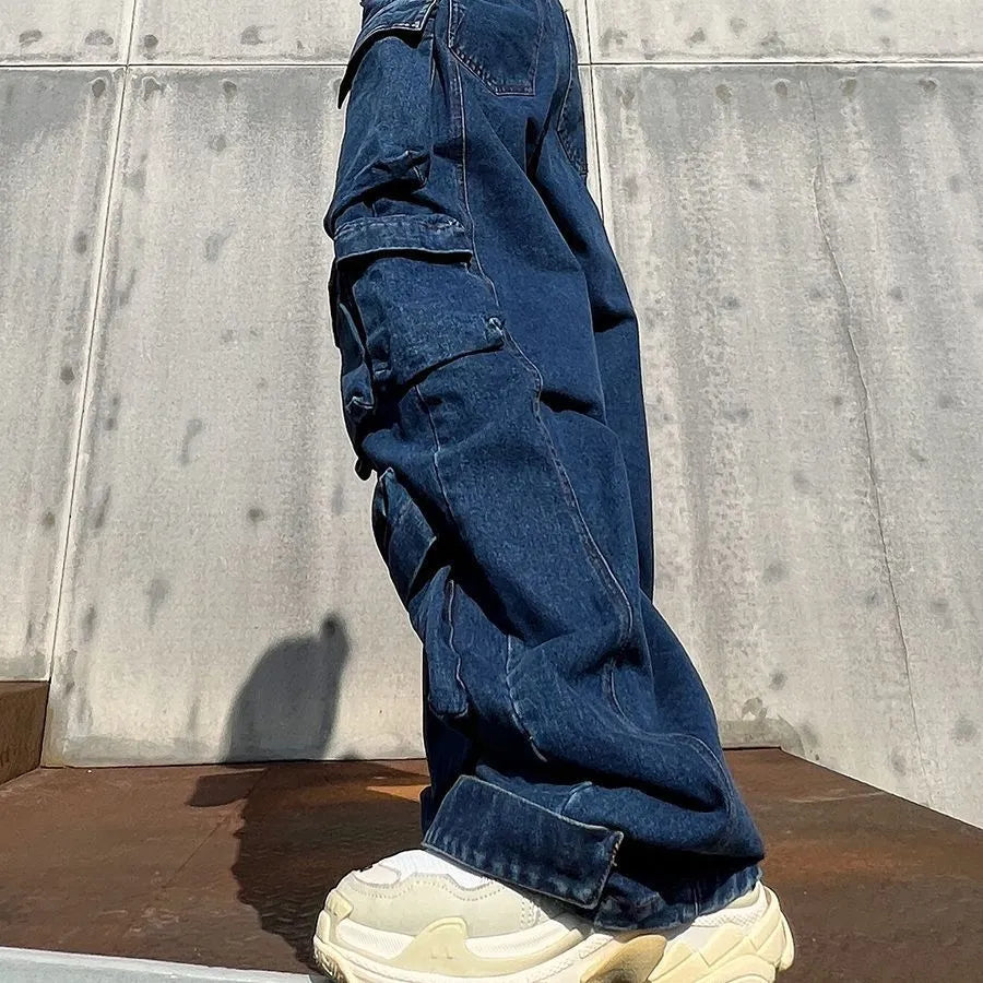 Dark blue distressed wide-leg jeans with multiple pockets and high waist design