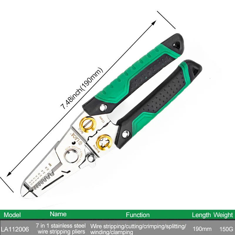 Stainless steel 7-in-1 wire stripper and fibre optic crimping tool with two-colour ABS handle.
