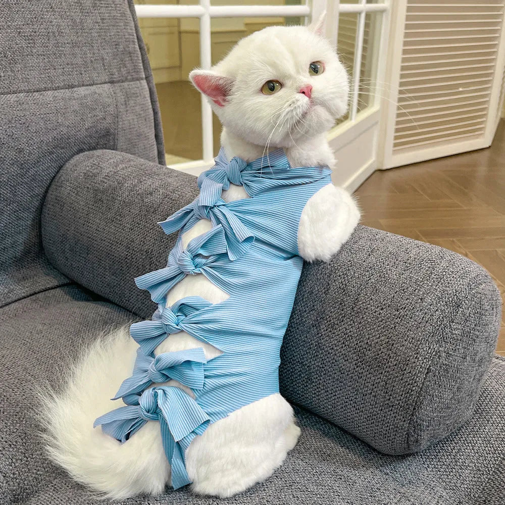 Adjustable lace-up cat sterilisation clothing in polyester fabric showing closure system and colour options
