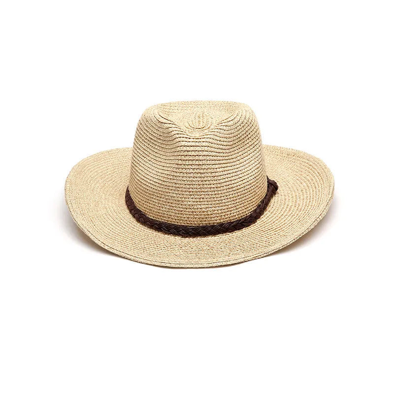 Man's foldable big brim straw sun hat in beige, shown flat and folded, with size tags for 58cm, 60cm, and 62cm.