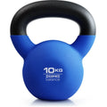 Blue cast iron dumbbell shaped like an immersion teapot on a plain background.