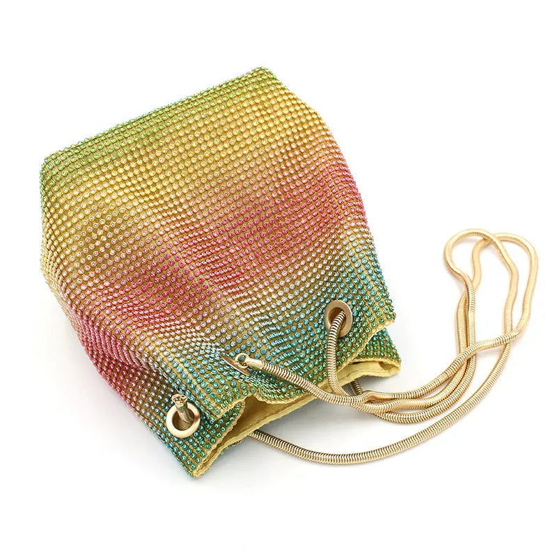 Rhinestone rainbow bucket diamond bag in soft fabric with colour options for evening accessories