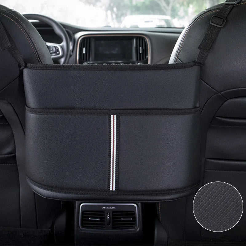 Black leather car seat storage bag with carbon fibre pattern measuring 38cm for centre console organisation