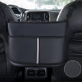 Black leather car seat storage bag with carbon fibre pattern measuring 38cm for centre console organisation