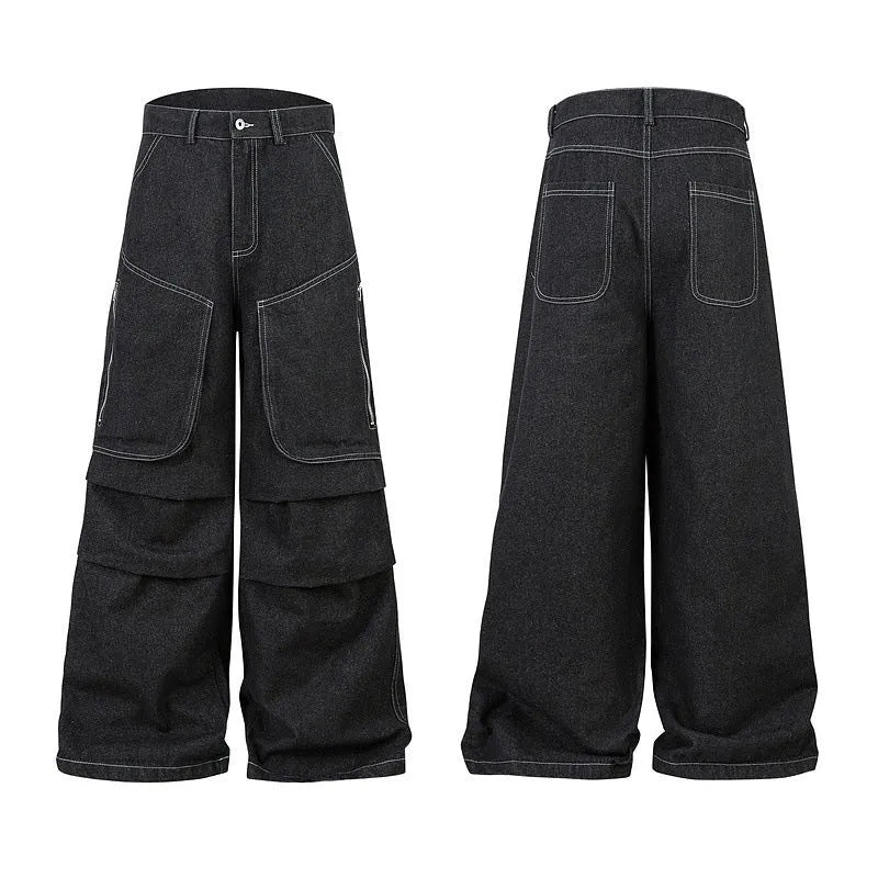 Black pleated work jeans with multiple pockets, featuring a zip fly and mid-waist design.