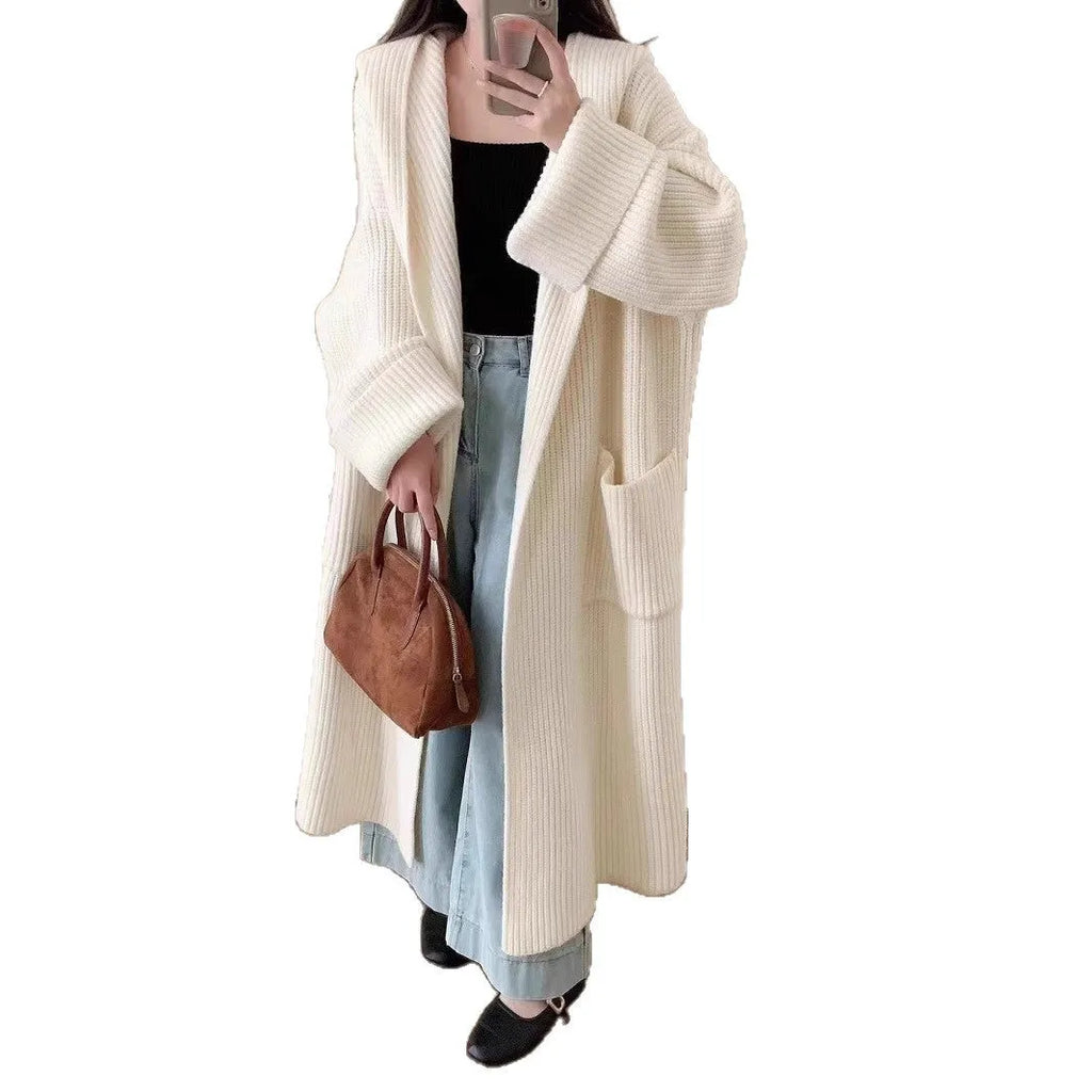 Women's loose hooded cardigan coat in 80cm length with raglan sleeves in five colour options