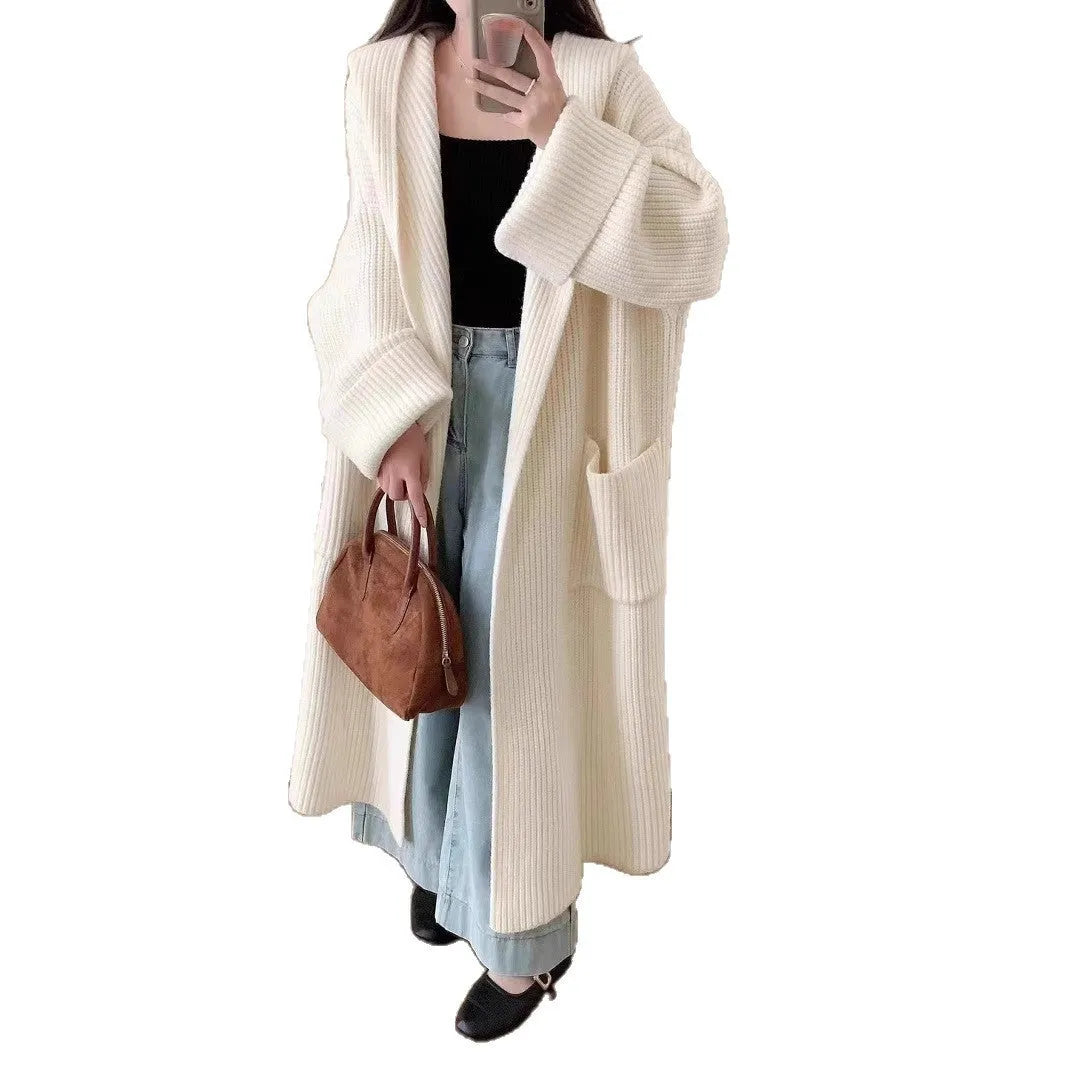 Women's loose hooded cardigan coat in 80cm length with raglan sleeves in five colour options