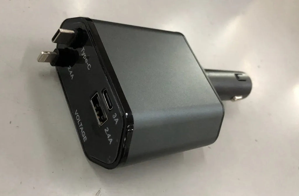 120W universal car fast charger with cigarette lighter plug and USB ports for Apple and Huawei phones.