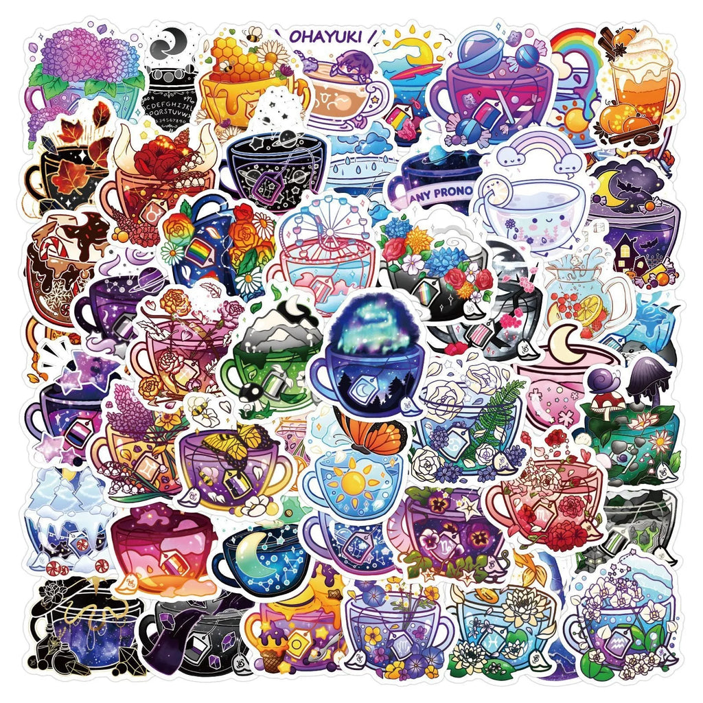 Pack of colourful tea cup graffiti design waterproof stickers for DIY projects on sports equipment.