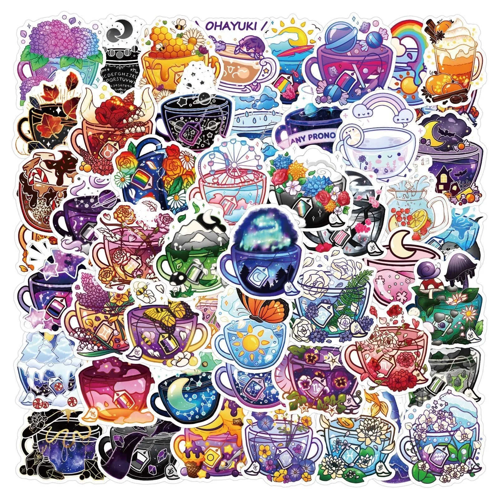 Pack of colourful tea cup graffiti design waterproof stickers for DIY projects on sports equipment.