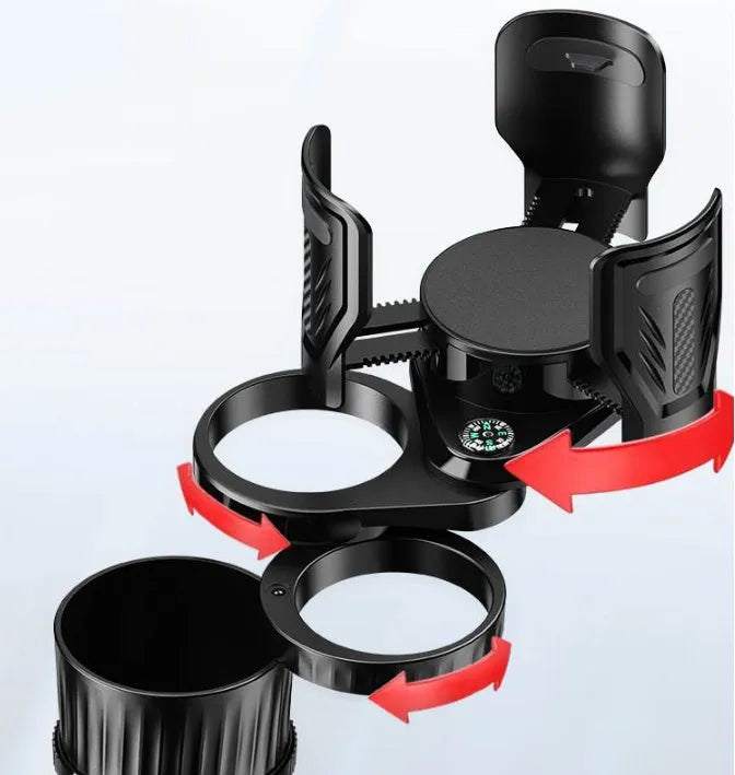 Black carbon fibre adjustable car cup holder with retractable base on a 6.5-10 cm range.