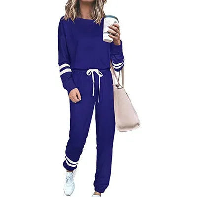 Women's plus size casual suit set with loose-fitting long sleeve top and trousers in solid colour