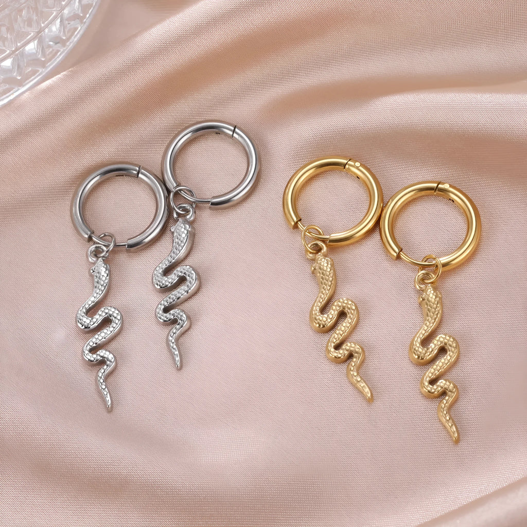 Gold plated snake-shaped vintage clip-on earrings on stainless steel base