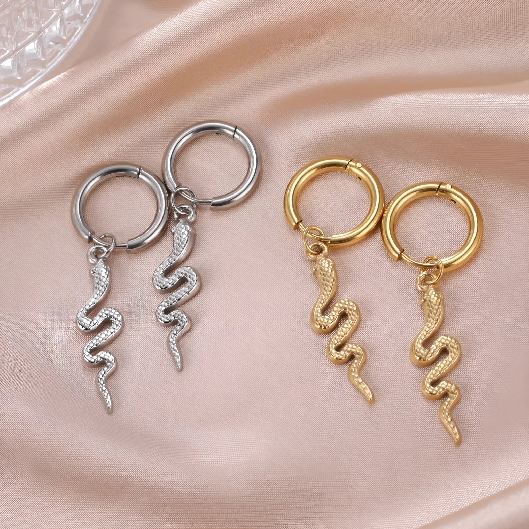 Gold plated snake-shaped vintage clip-on earrings on stainless steel base