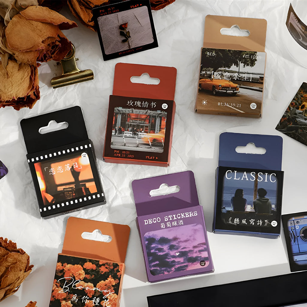 Box set of 46 decorative stickers with six Nordic nature themes including mountains, sea, flowers and sunsets