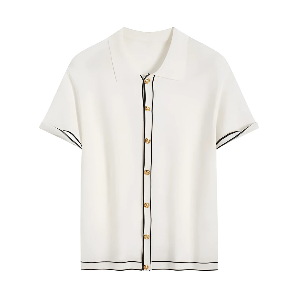 White women's short sleeve cardigan with dark contrast lapels laid flat