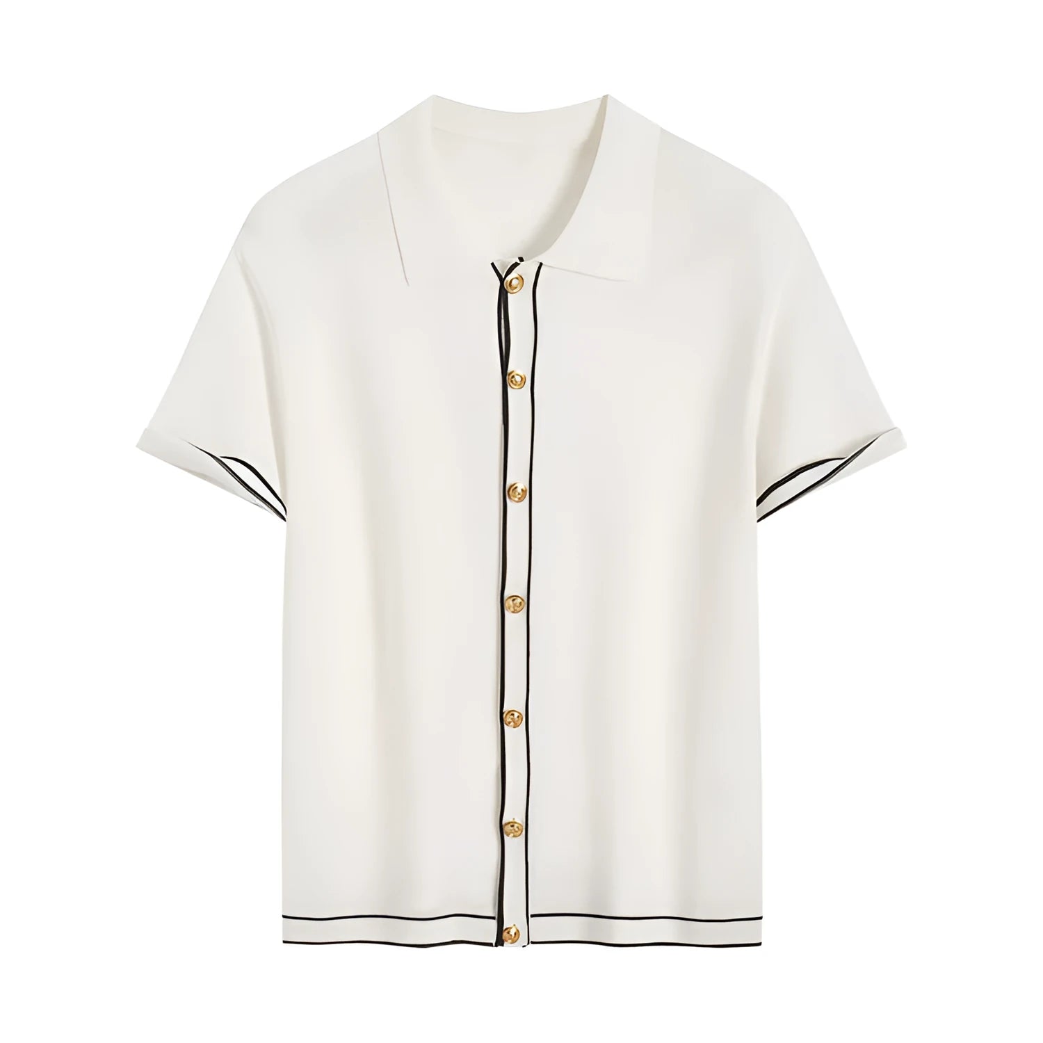 White women's short sleeve cardigan with dark contrast lapels laid flat