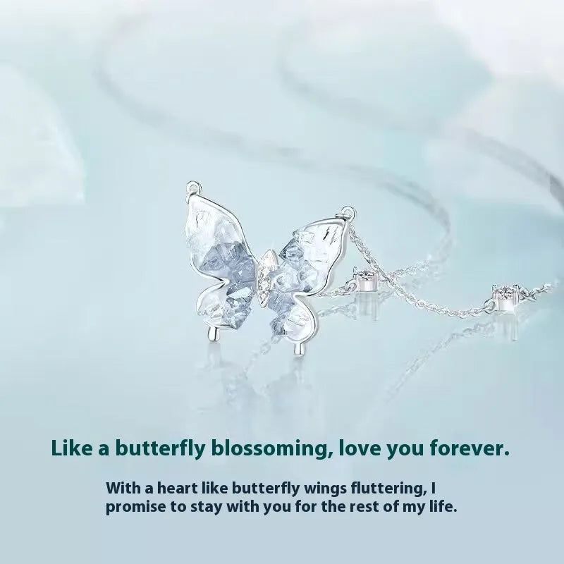 Silver Bingyu butterfly necklace with ice rain design on O-ring chain