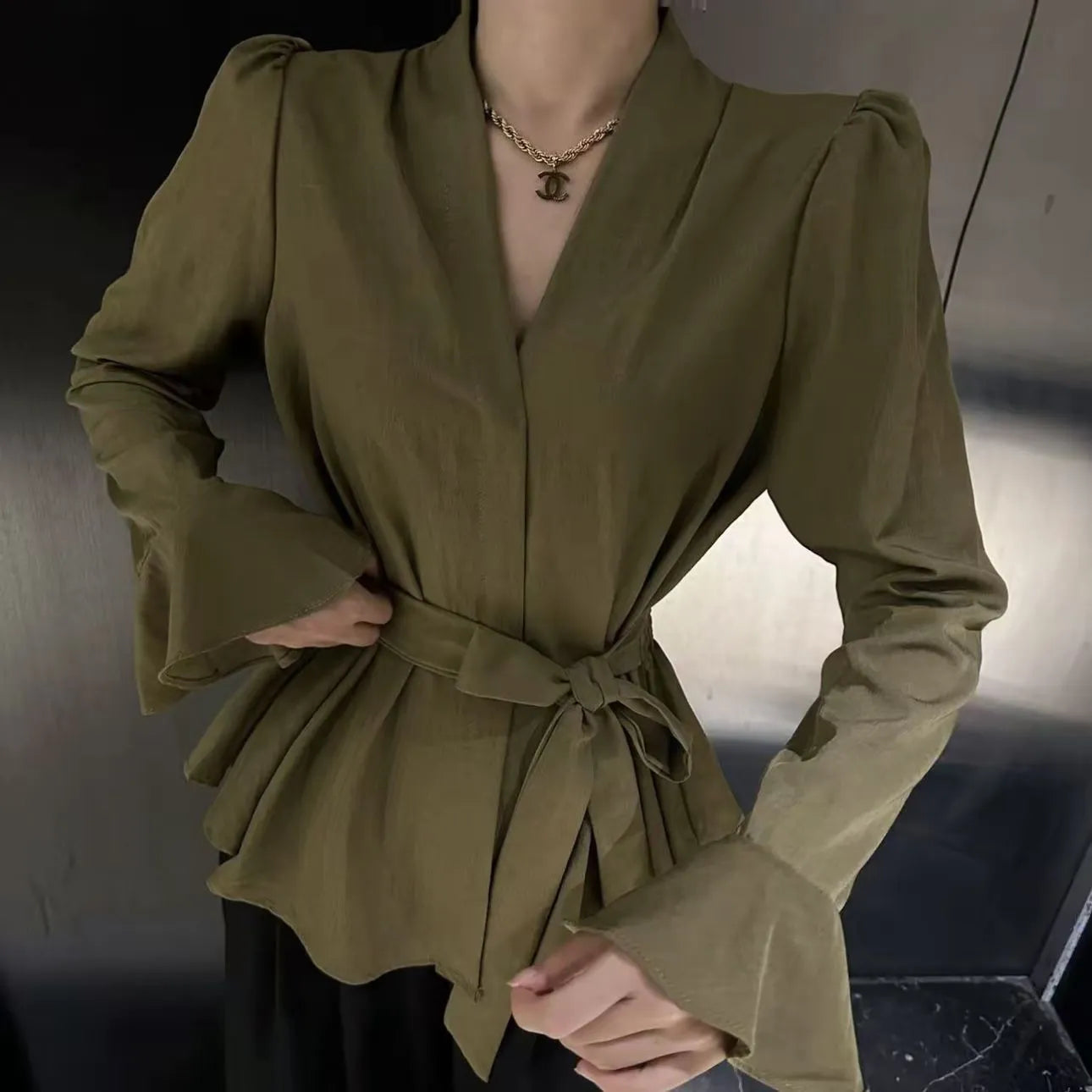 Women's French-style shirt with irregular collar and bell sleeves in wine red colour