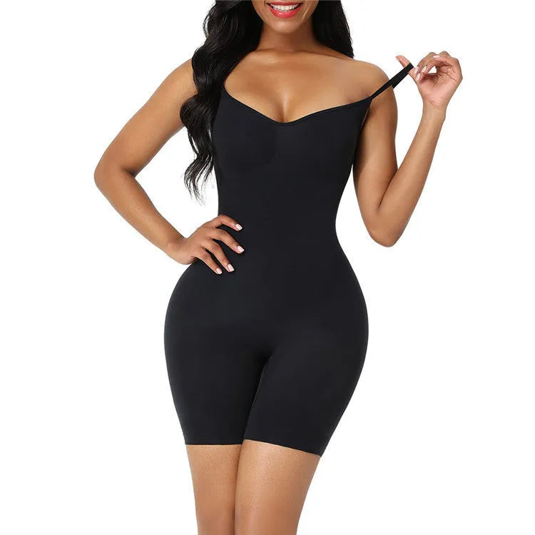 Black nylon seamless body shaping corset jumpsuit with belly contraction and chest support for women
