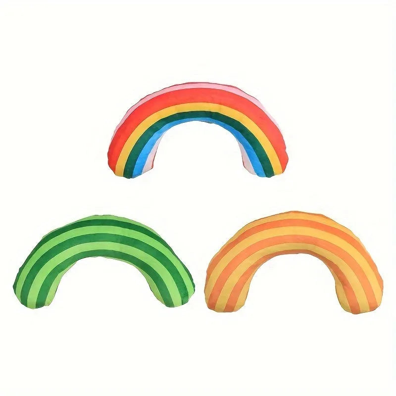 Cat toy set with striped pillow and noise toy measuring 23x20cm in green, rainbow, or yellow colours
