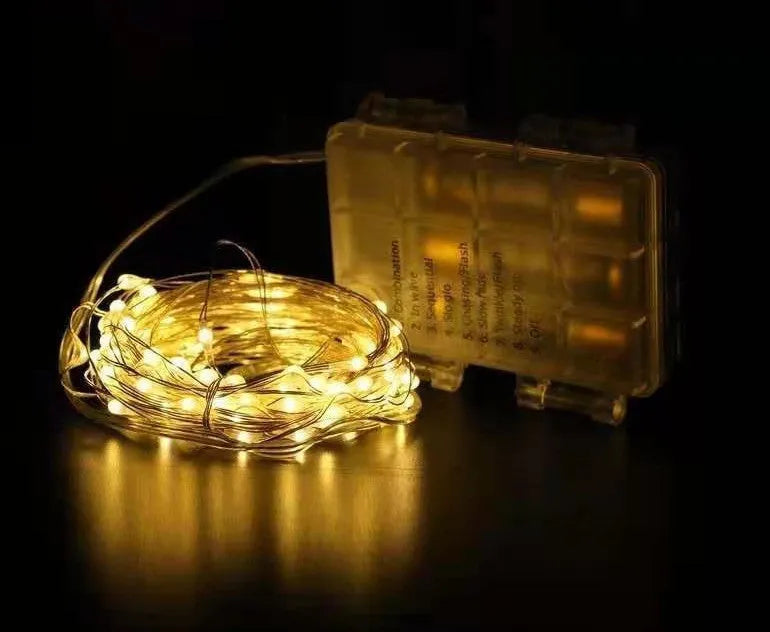 12 metre copper wire LED string light with battery box and multiple colour options for garden patio decoration