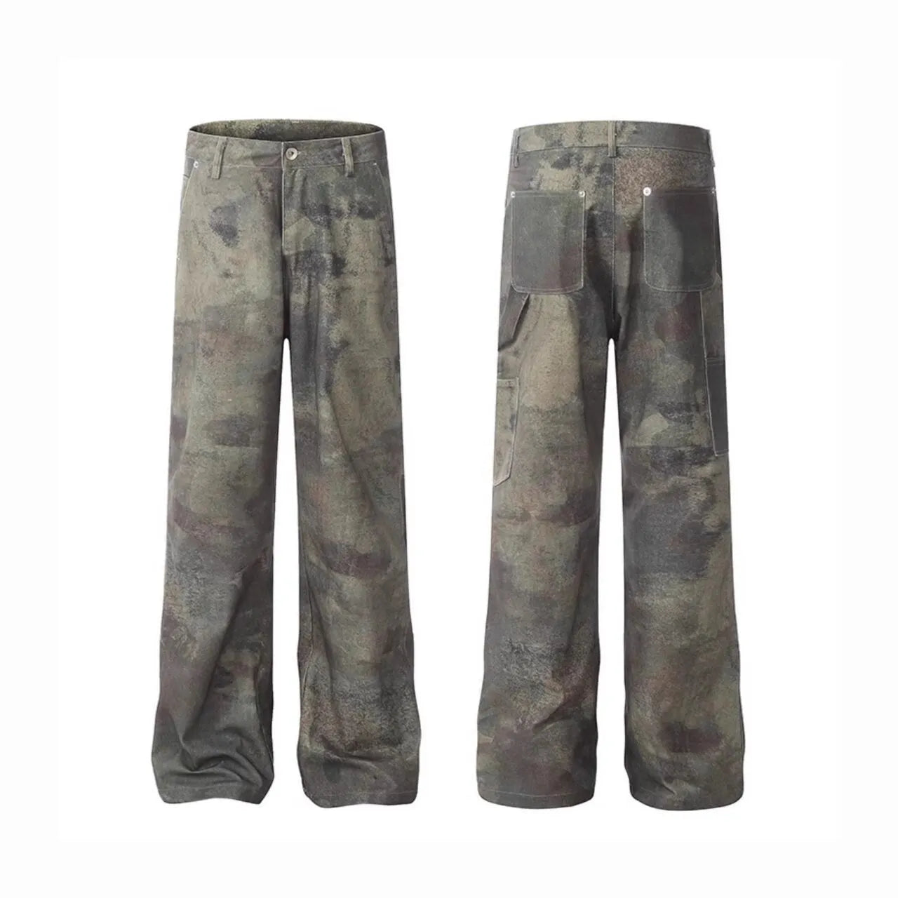 Men's straight leg jeans in a retro digital camouflage pattern on blue denim